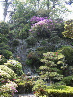 庭園の一角は鶴亀城の斜面で石垣で固められていた